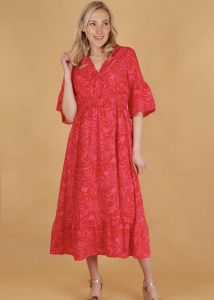 Tropical Leaf Print Dress - Red